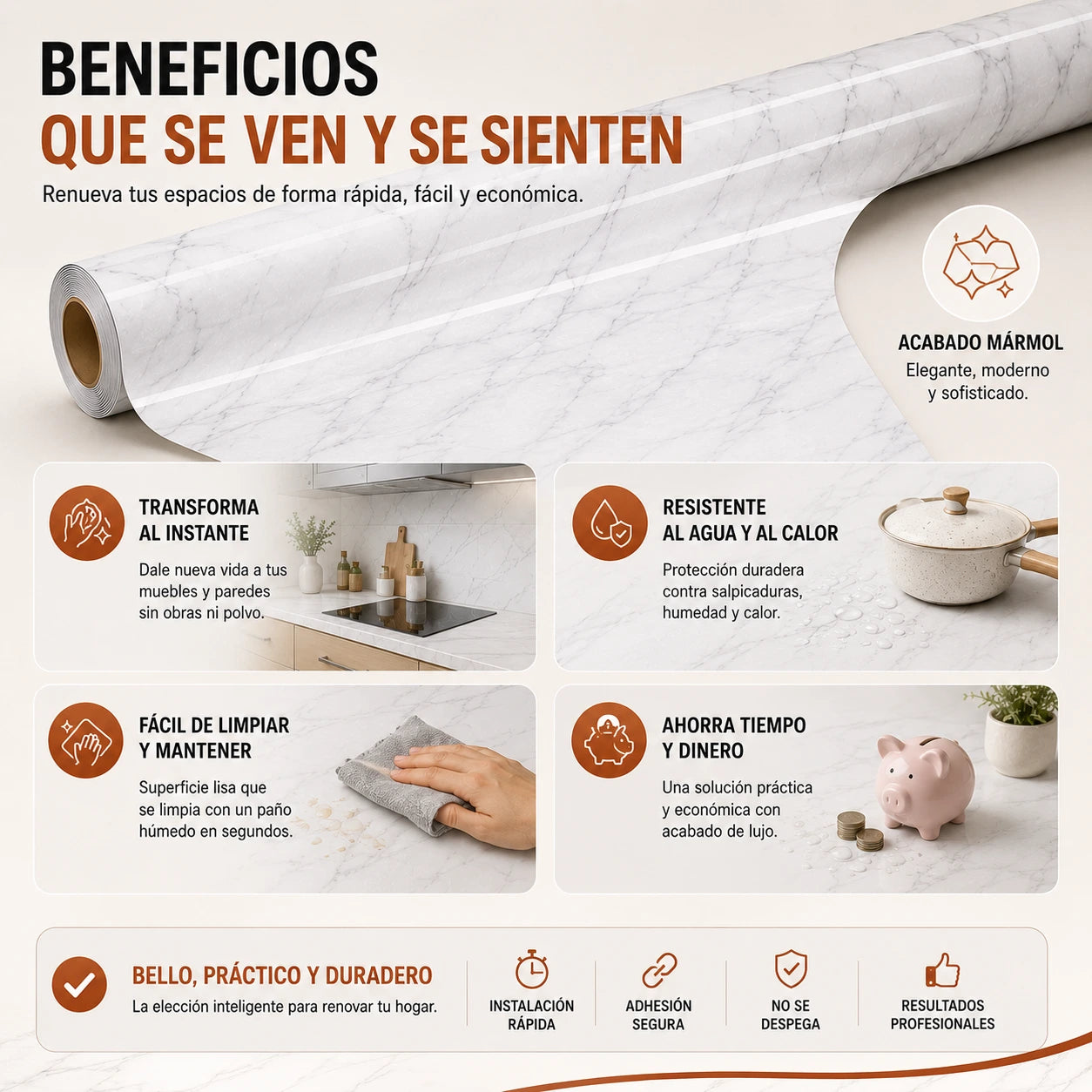 MarmoFlex™ | Lámina de Vinilo Adhesivo Efecto Mármol 10mx60cm