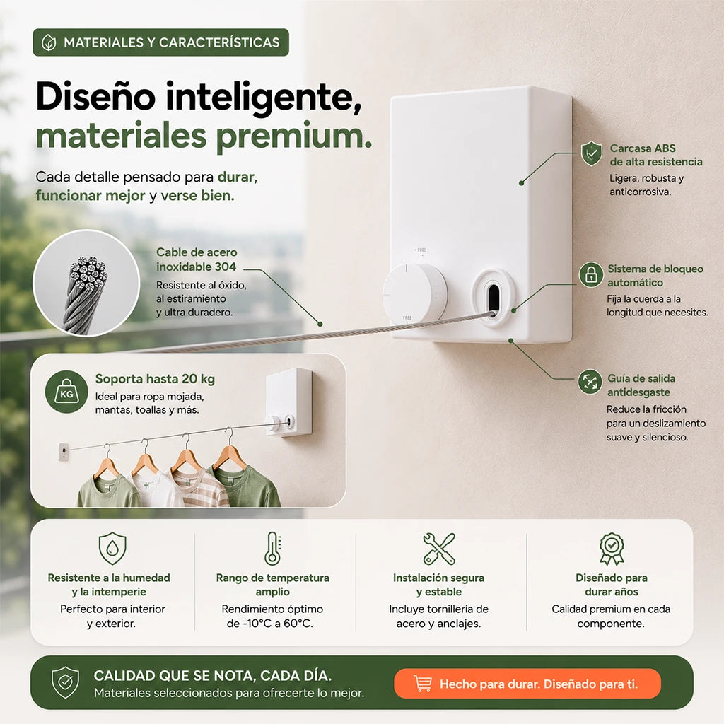 Tendedero Retráctil de Pared | 4,2 m de Longitud