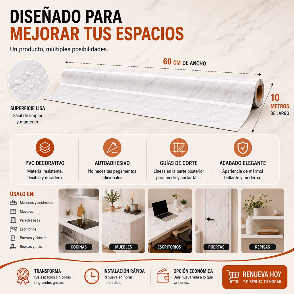MarmoFlex™ | Lámina de Vinilo Adhesivo Efecto Mármol 10mx60cm