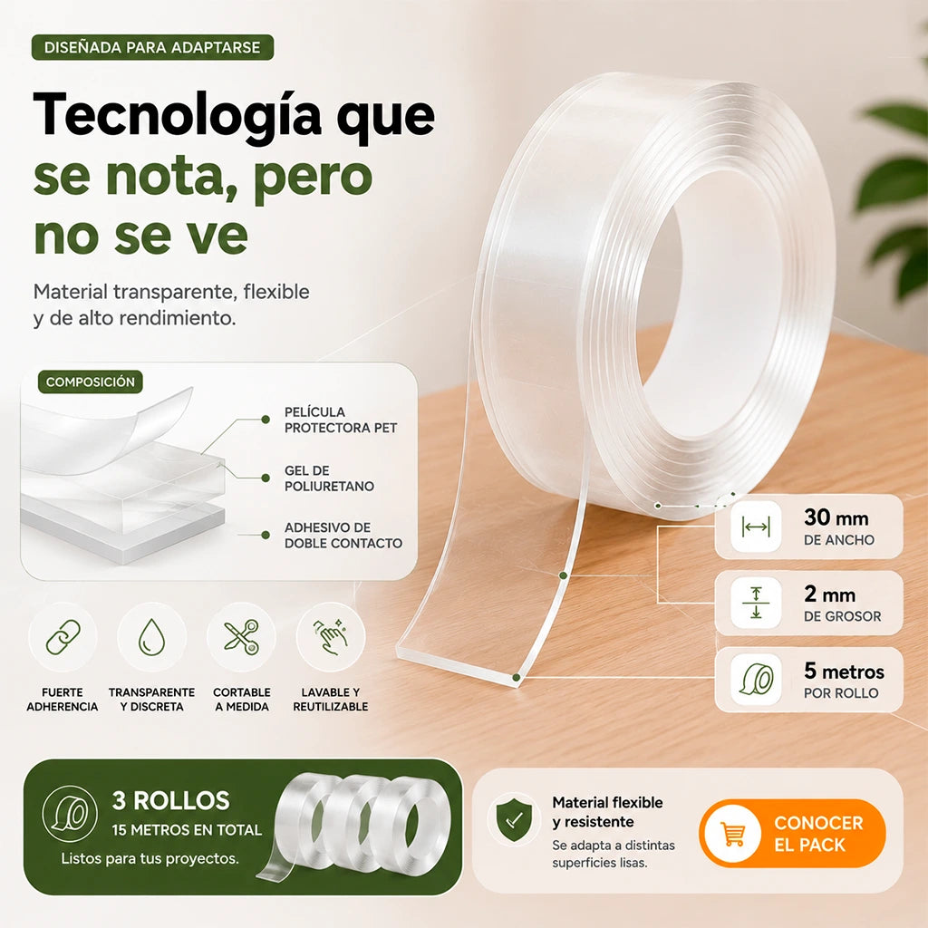 Cinta Adhesiva Doble Contacto 5 Metros | Pack 3 Unidades