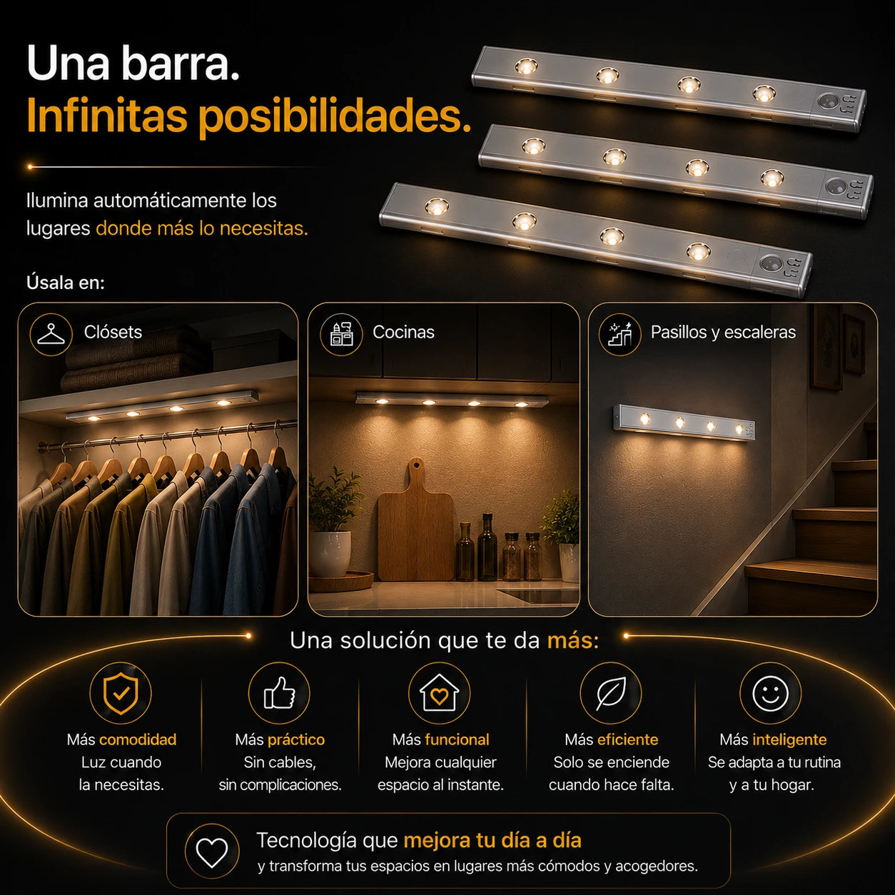 Barra LED Recargable de 50 cm con Sensor de Movimiento y 3 Tonos de Luz
