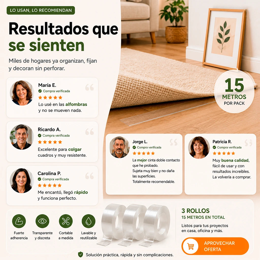 Cinta Adhesiva Doble Contacto 5 Metros | Pack 3 Unidades