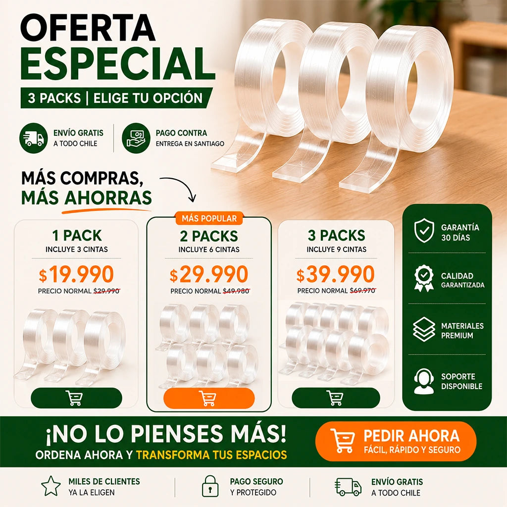 Cinta Adhesiva Doble Contacto 5 Metros | Pack 3 Unidades