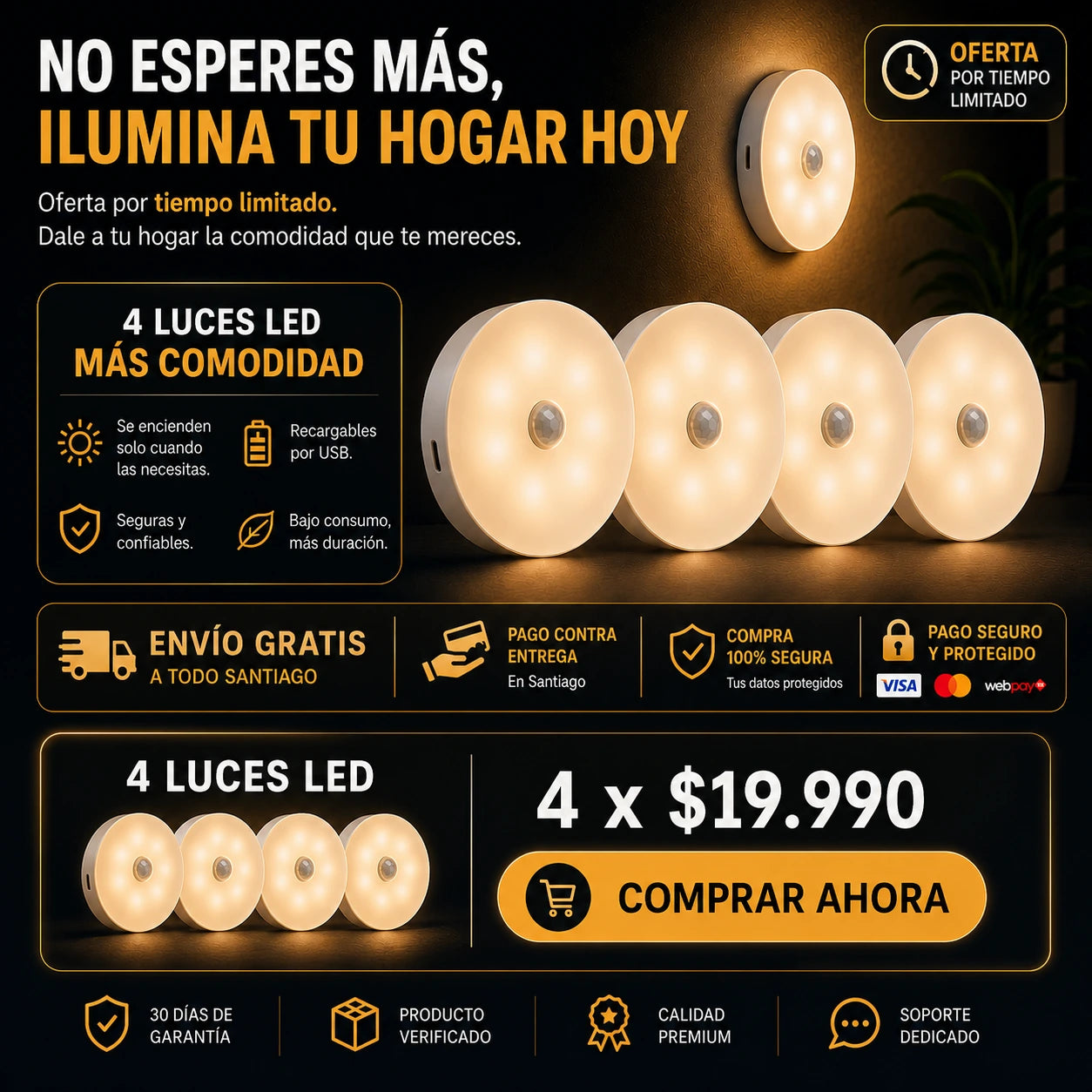 Lámpara LED Recargable con Sensor de Movimiento | Pack 4 Unidades