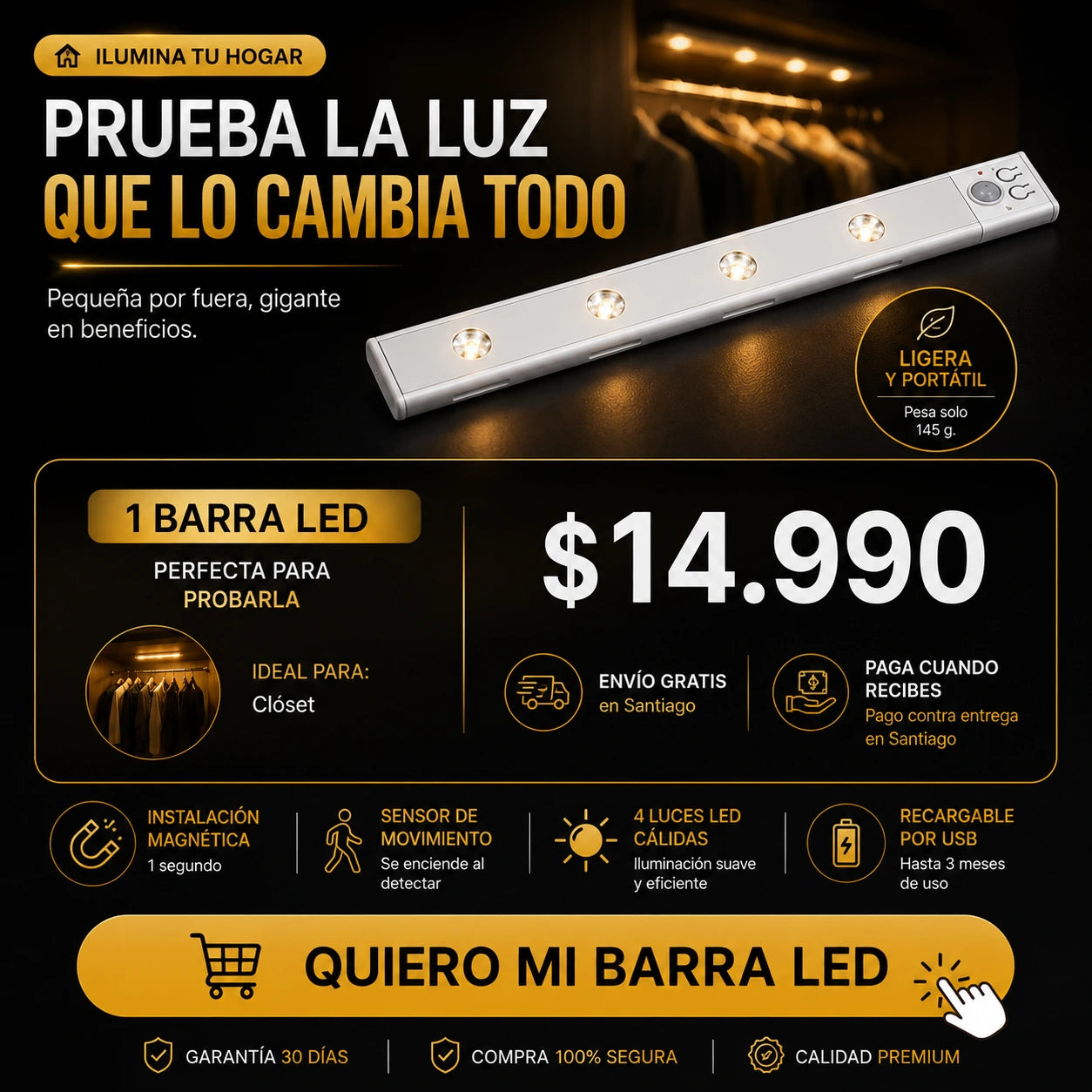 Barra LED Recargable de 50 cm con Sensor de Movimiento y 3 Tonos de Luz