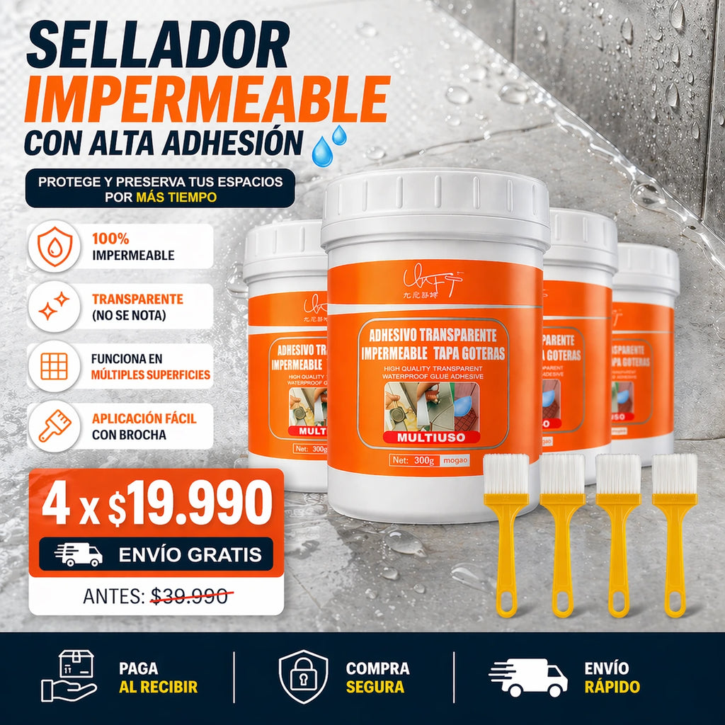 Sellador Transparente Impermeable 300g + Brocha  | Pack 4 Unidades