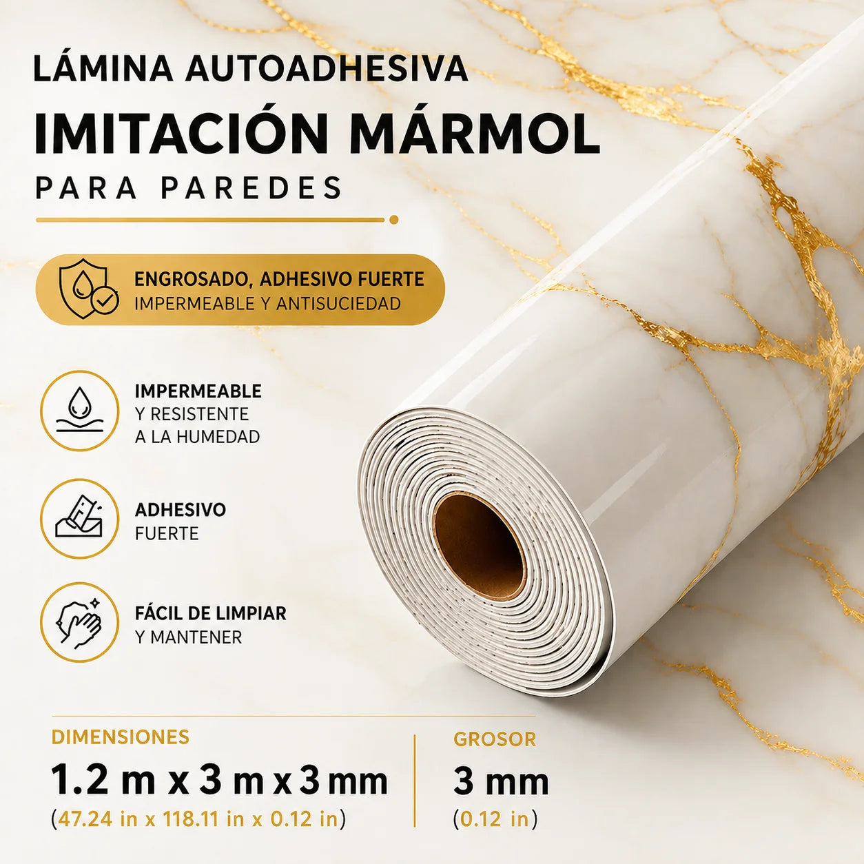 Lámina Autoadhesiva PVC Diseño Mármol | 3m x 1.2m x 3mm