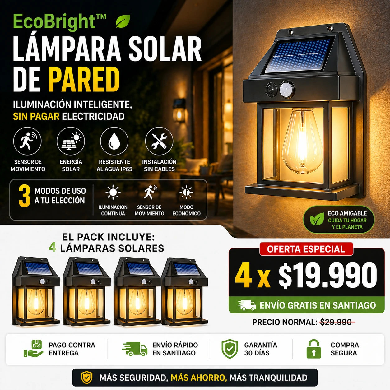 EcoBright™ | Lámpara Solar de Pared | Pack 4 Unidades