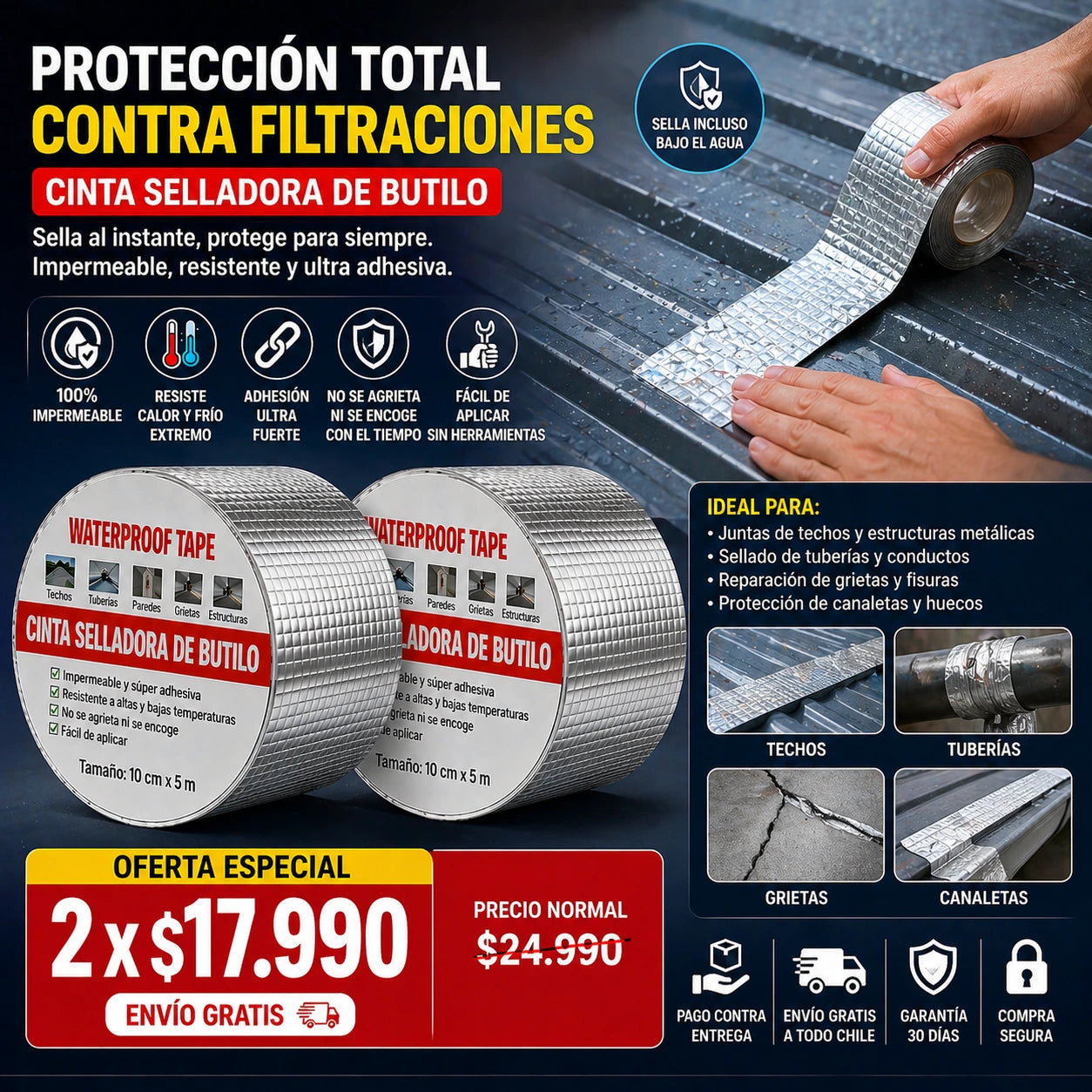 Cinta Adhesiva Tapagoteras Impermeable 10 CM x 5 Metros | Pack 2 Unidades