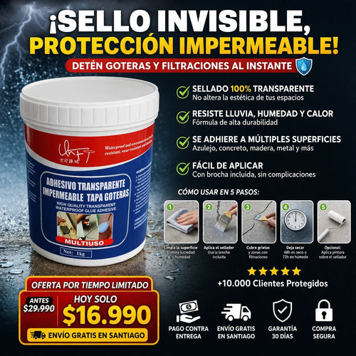 Adhesivo Transparente Impermeable Tapa Goteras | 1 kg + Brocha