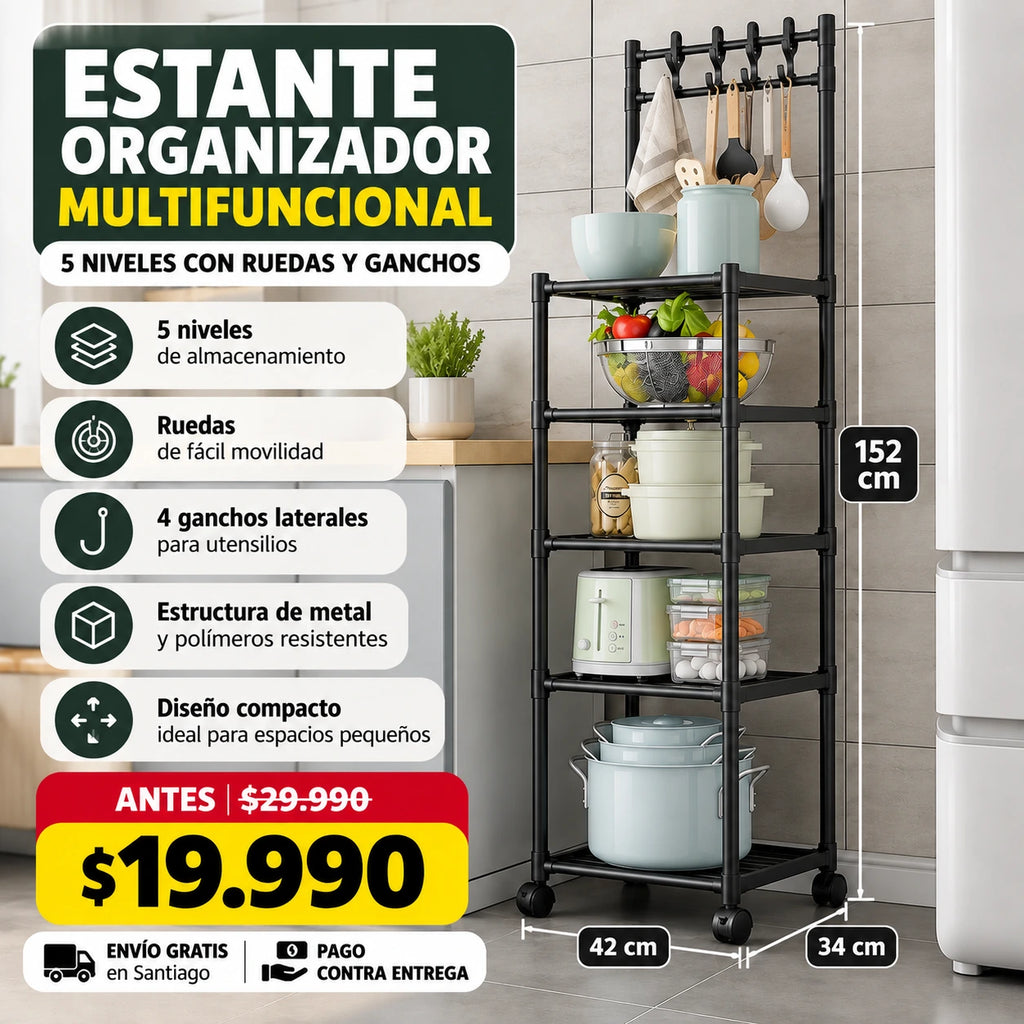 Estante Organizador 5 Niveles con Ruedas y Ganchos