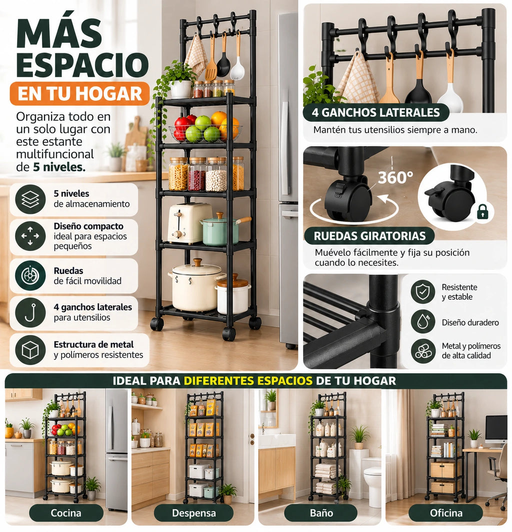 Estante Organizador 5 Niveles con Ruedas y Ganchos