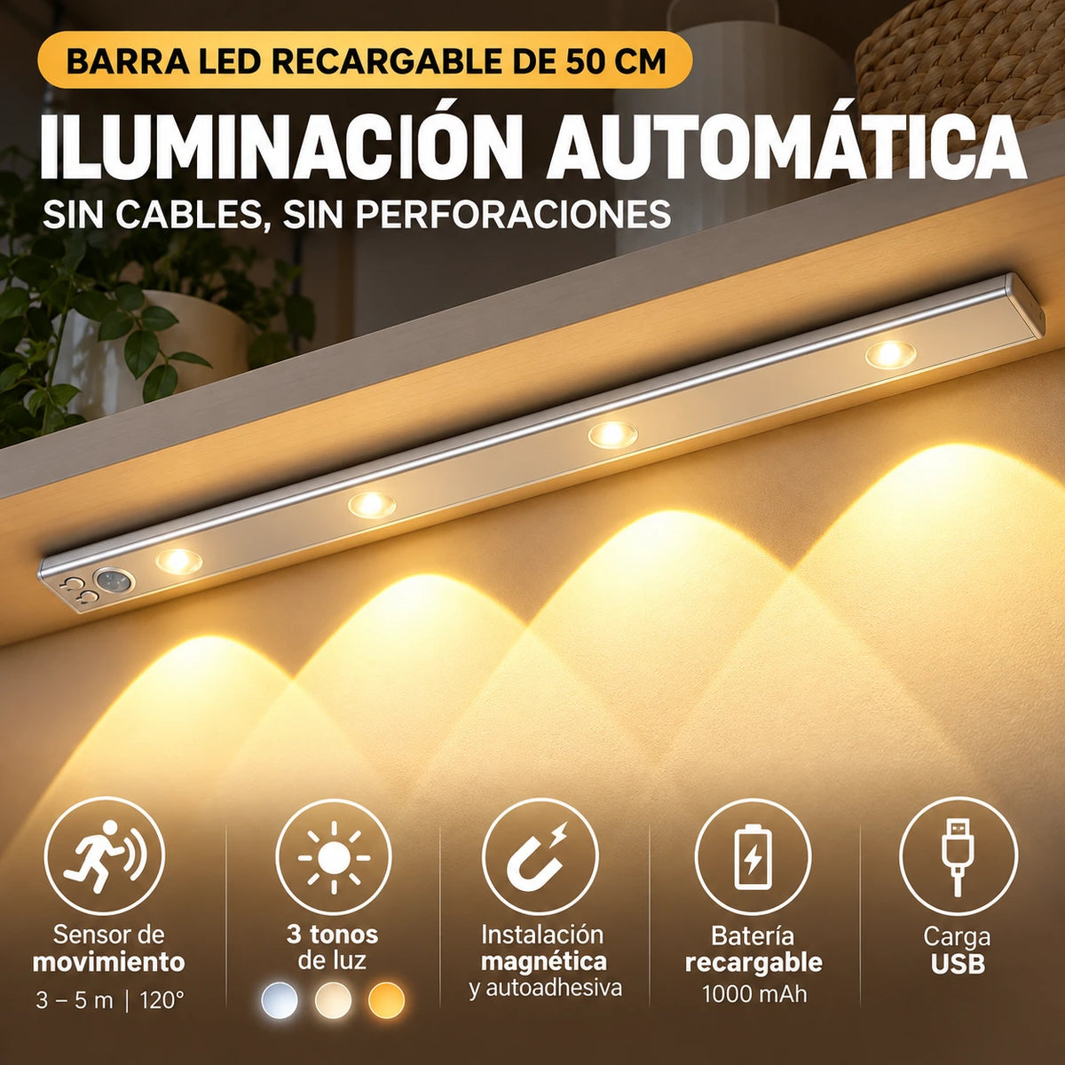 Barra LED Recargable de 50 cm con Sensor de Movimiento y 3 Tonos de Luz