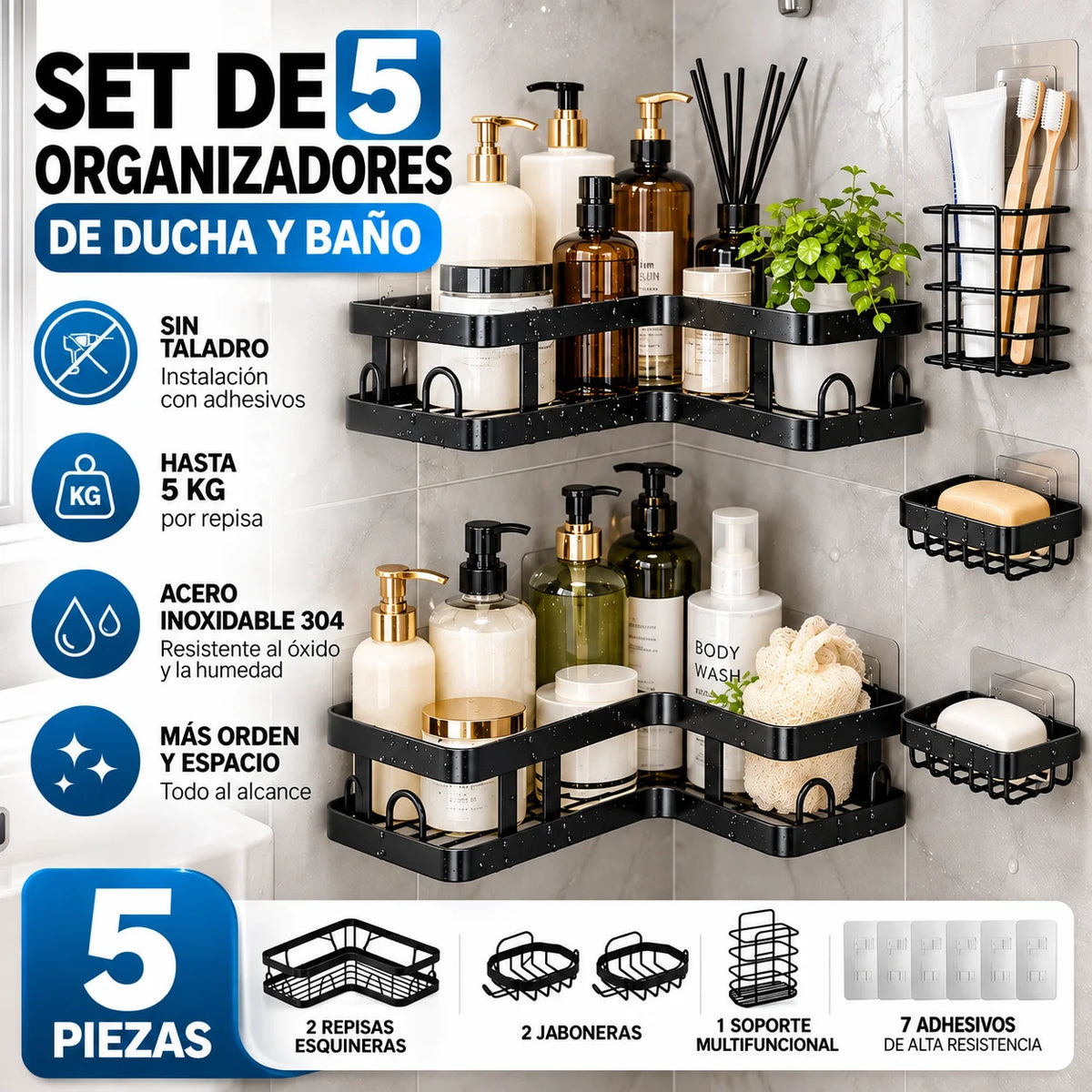 Set de 5 Organizadores de Ducha Adhesivos