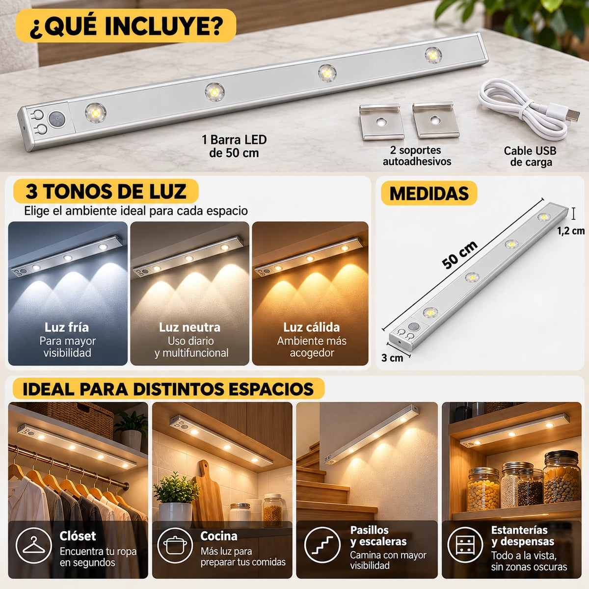 Barra LED Recargable de 50 cm con Sensor de Movimiento y 3 Tonos de Luz